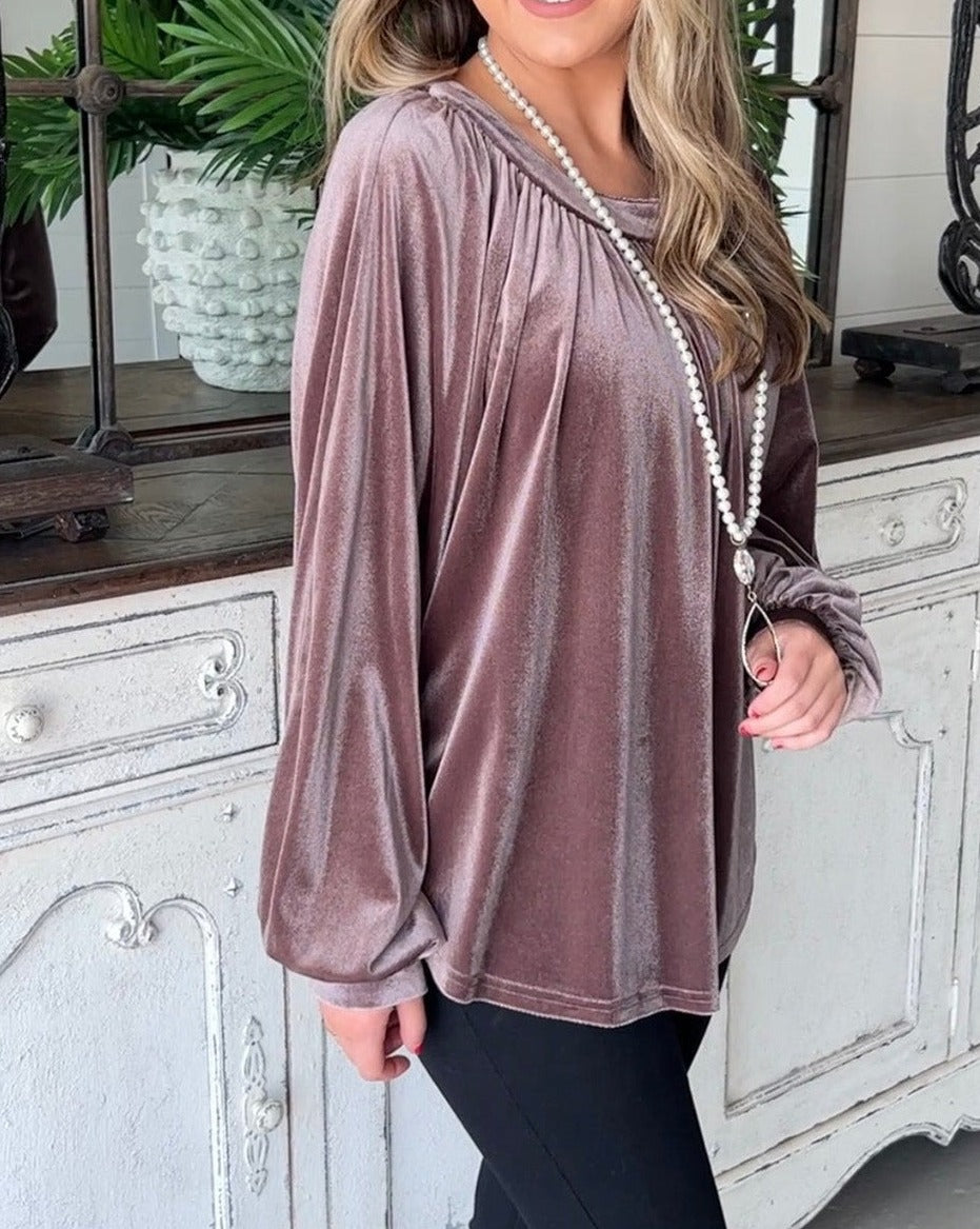 Velvet Puff Sleeve Boatneck Top