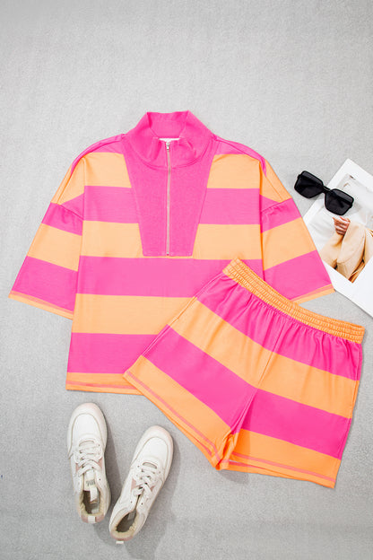 Stripe Half Zip Tee & Elastic Shorts Set