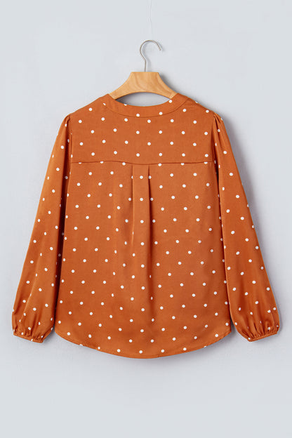 Polka Dot Half Button V-Neck Long Sleeve Blouse