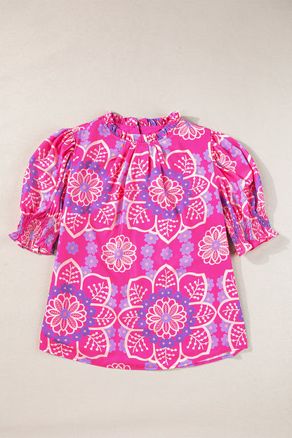 Floral Frilled Neck Puff Sleeve Blouse