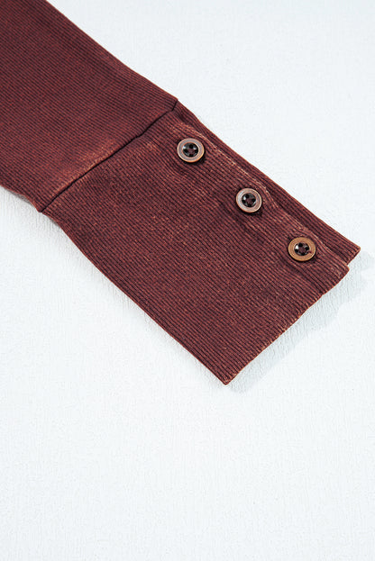 Solid Ribbed Knit Buttoned Long Sleeve Top