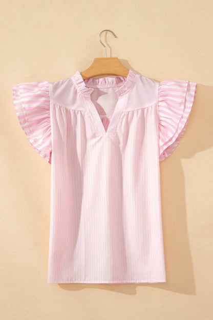 Stripe Contrast Trim V-Neck Flutter Sleeve Blouse