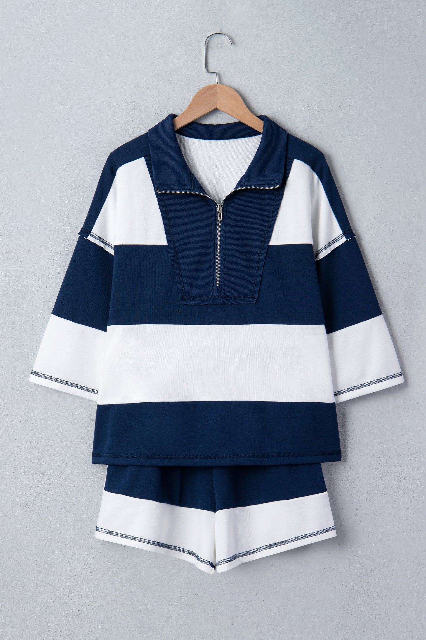 Exposed Seam 3/4 Sleeve Top & Elastic Waist Shorts Set
