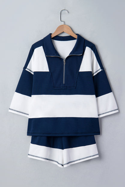 Exposed Seam 3/4 Sleeve Top & Elastic Waist Shorts Set