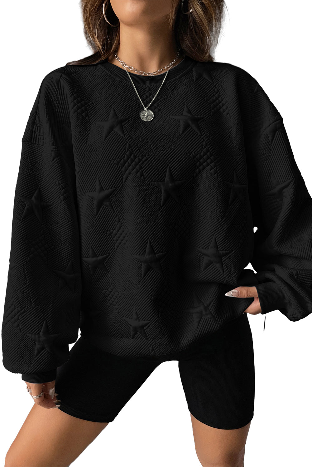 Star Embossed Drop Shoulder Sweatshirt