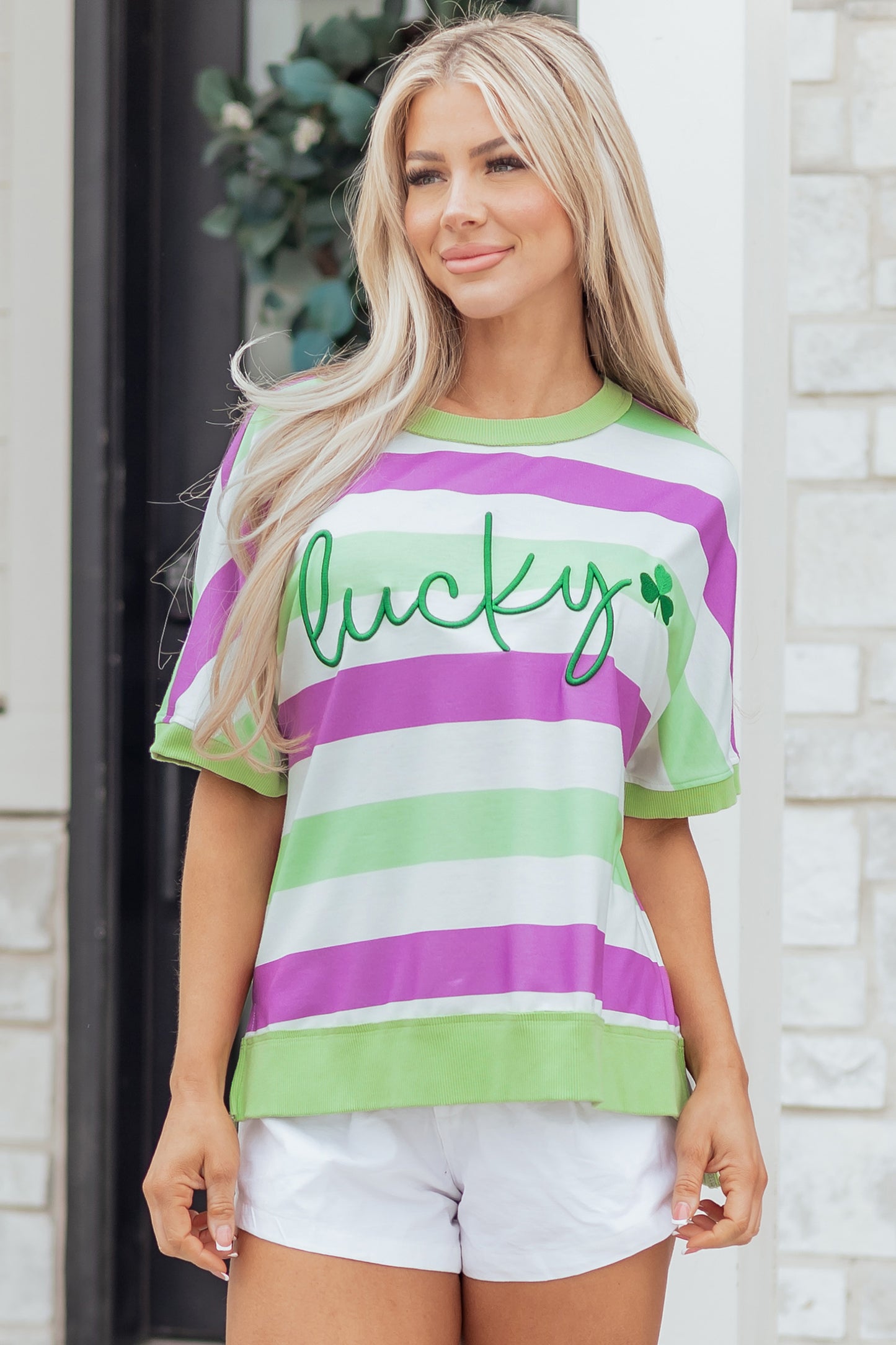 Stripe Lucky Clover Embroidered Dolman Sleeve Tee