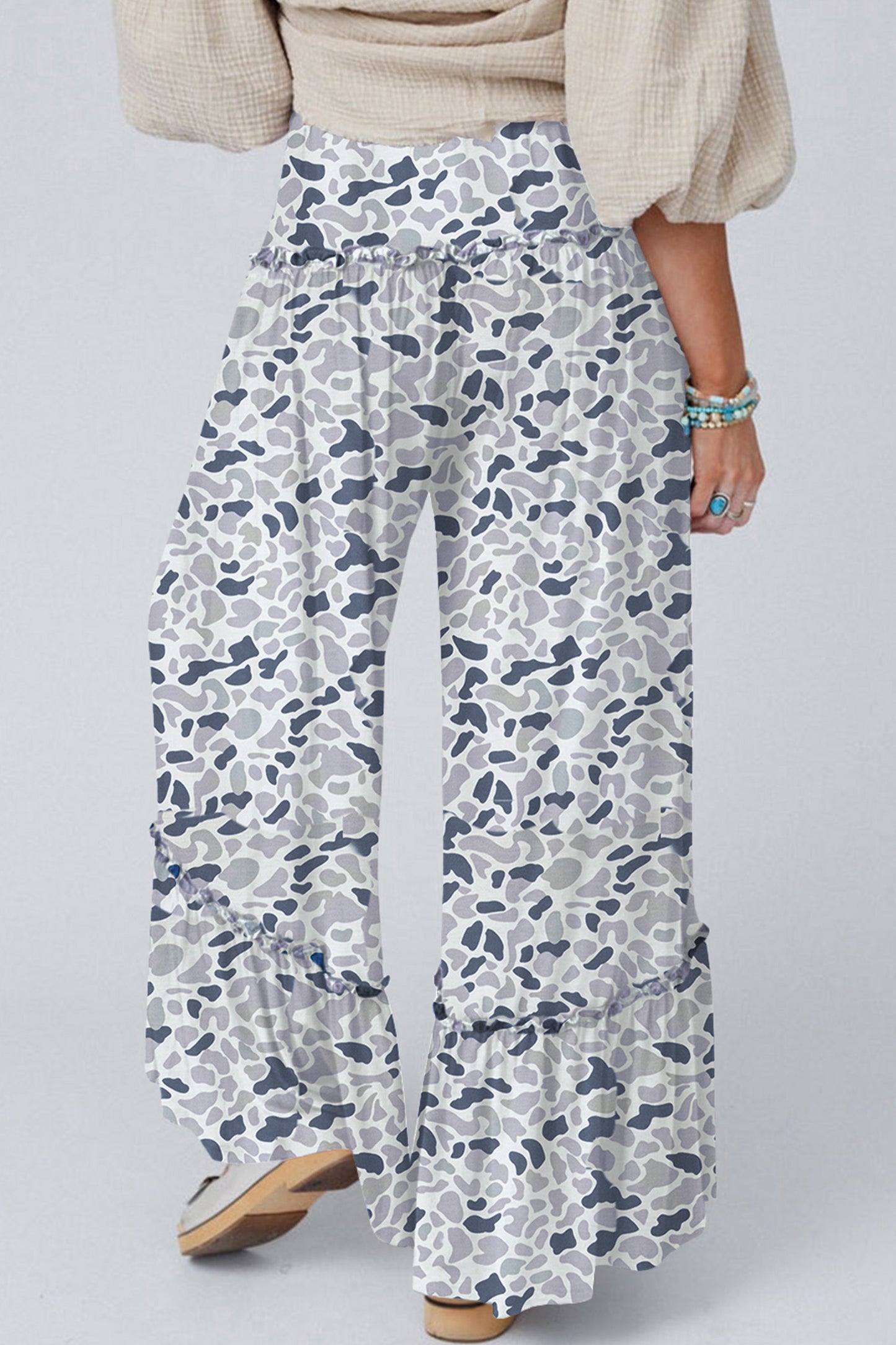 Camo Ruffle Wide Leg Drawstring Pants