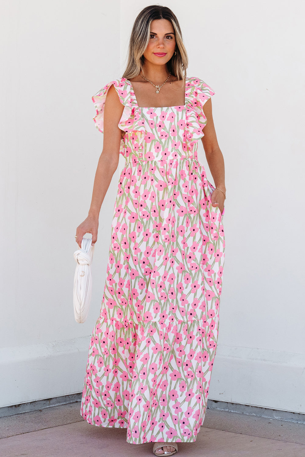 Floral Square Neck Ruffle Strap Maxi Dress