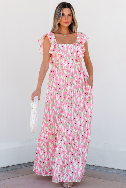 Floral Square Neck Ruffle Strap Maxi Dress
