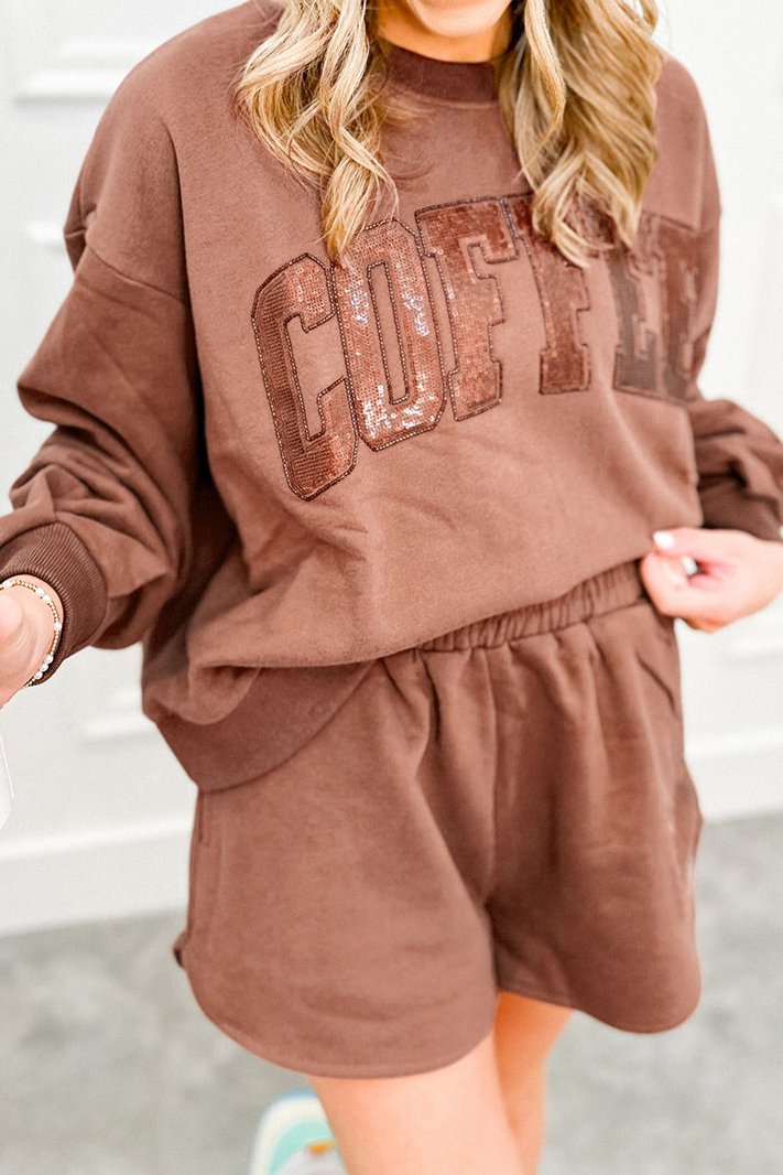 COFFEE Sequin Sweatshirt and Shorts Set