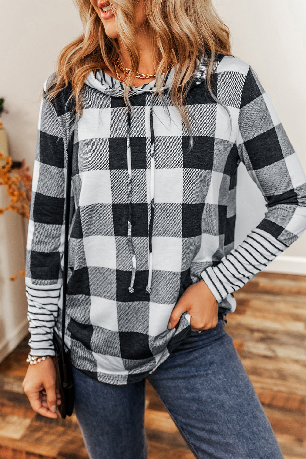 Plaid Stripe Patchwork Drawstring Hoodie