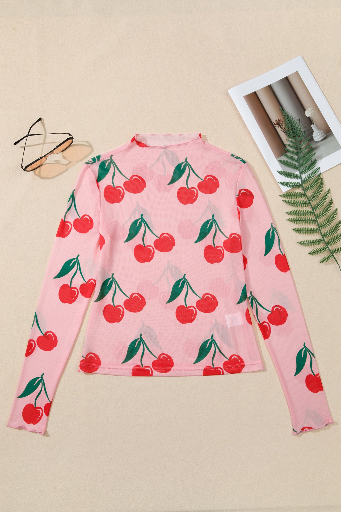 Cherry Mesh Lettuce Trim Long Sleeve Top