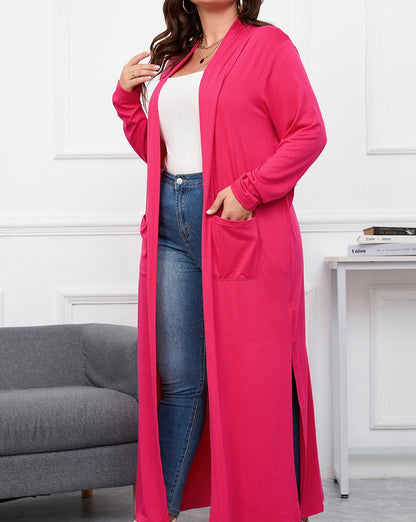 Side Slit Pocketed Duster Cardigan Plus Size