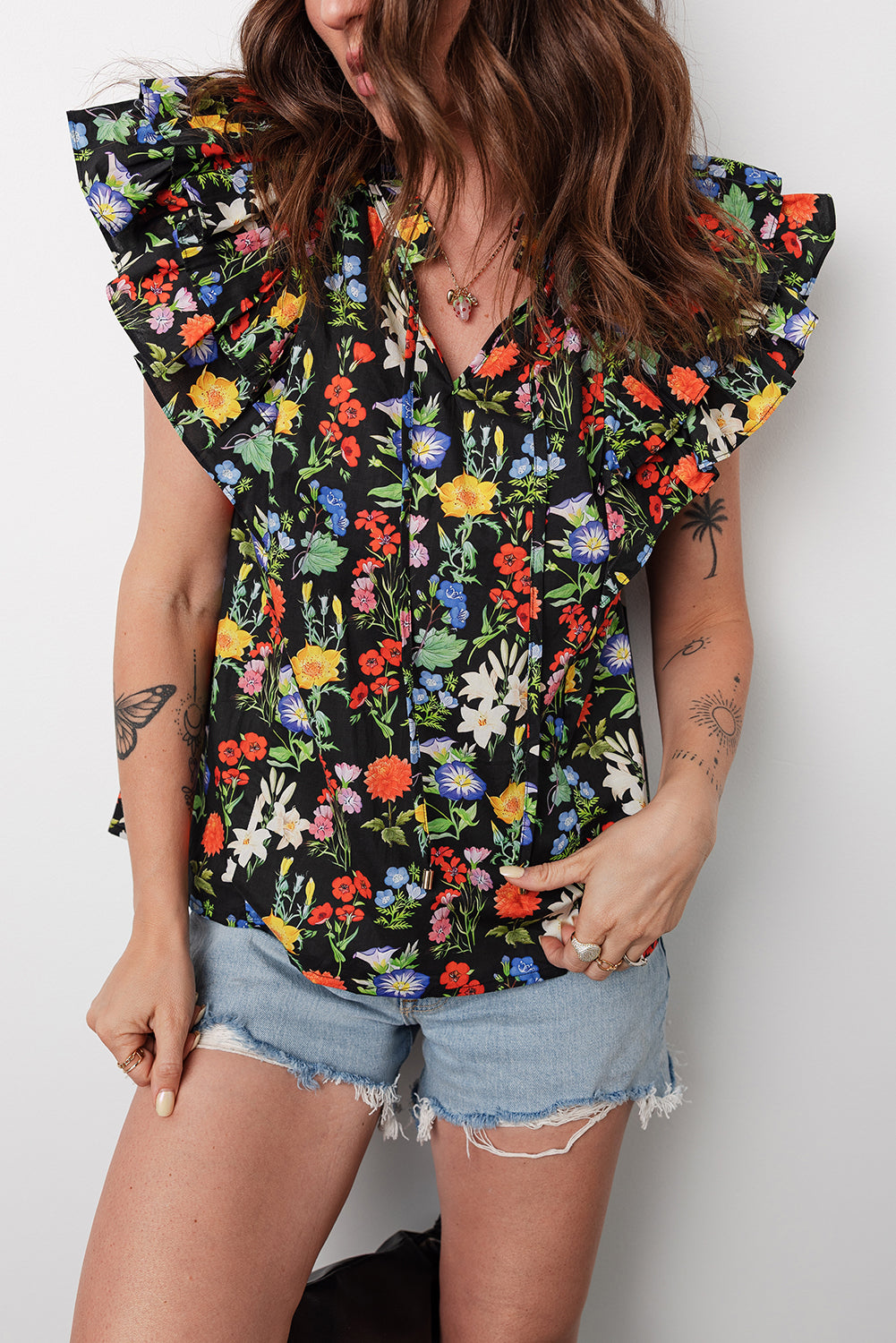 Flower Tiered Flutter Sleeve V-Neck Blouse
