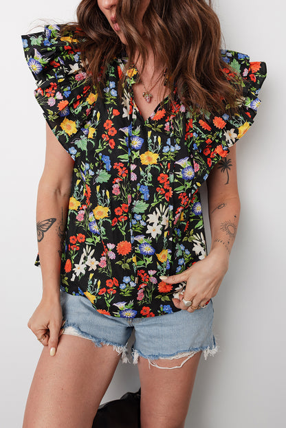 Flower Tiered Flutter Sleeve V-Neck Blouse