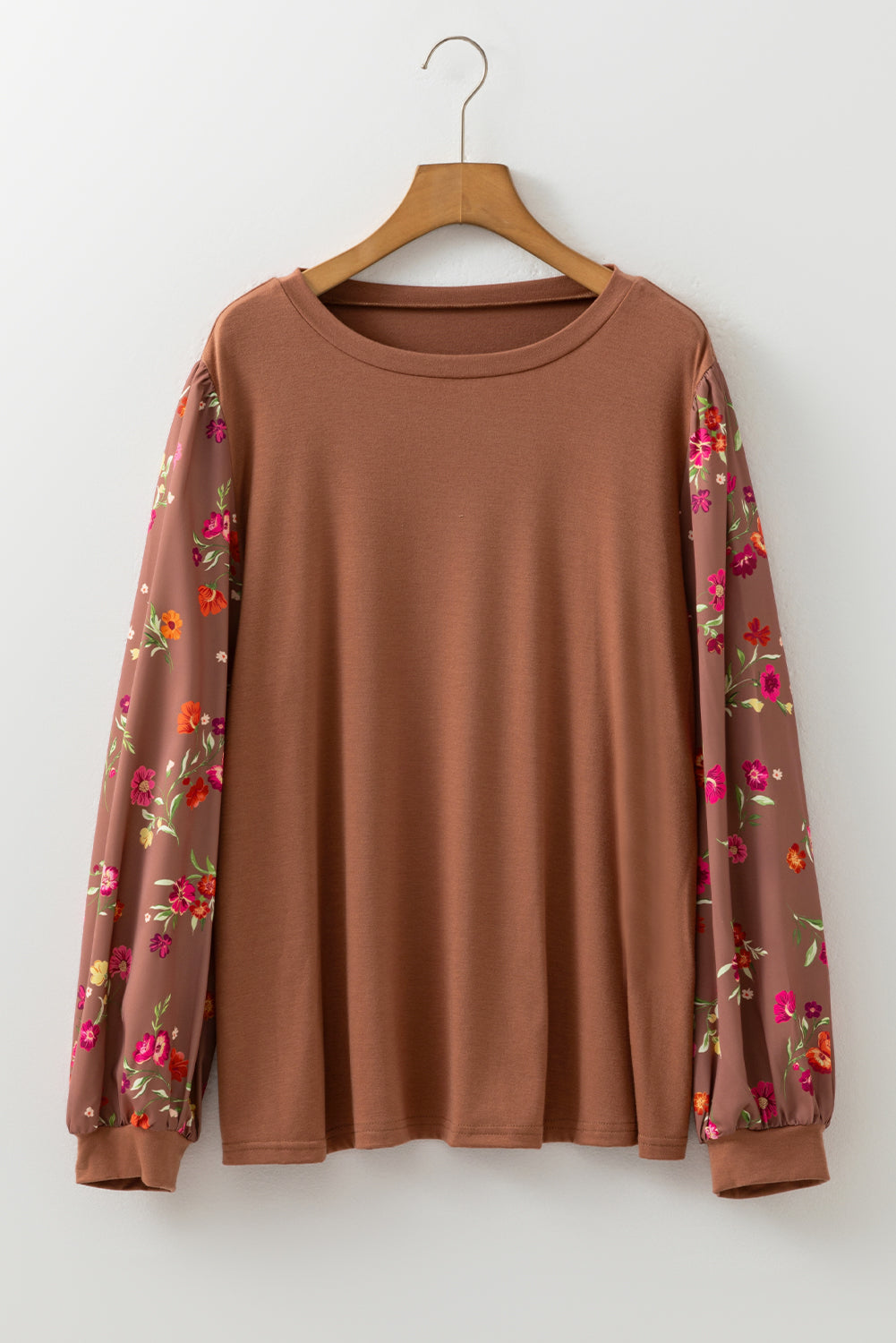 Plus Size Floral Patchwork Sleeve Crewneck Top