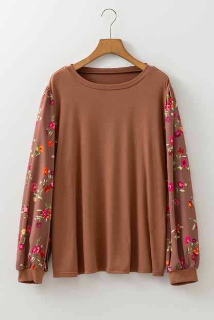 Plus Size Floral Patchwork Sleeve Crewneck Top