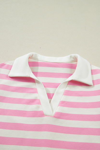 Stripe Collar V-Neck Ruffle Short Sleeve Blouse