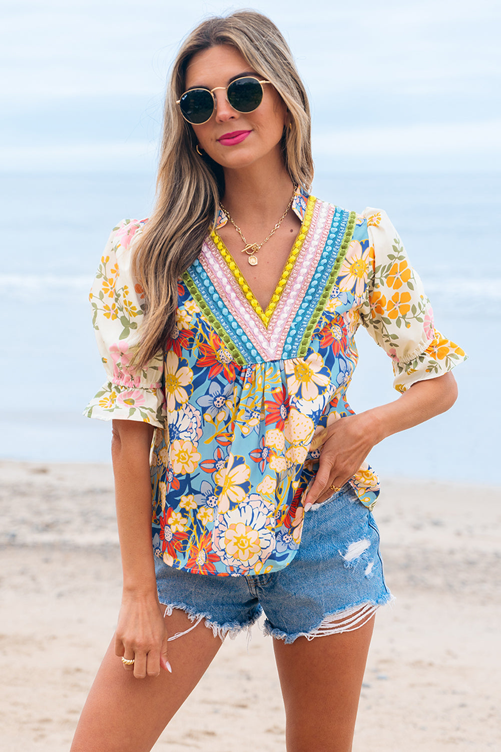 Floral Boho Crochet V-Neck Short Sleeve Blouse