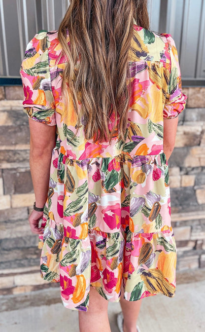 Multicolor Floral Short Sleeve Shirt Dress