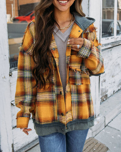 Plaid Hooded Snap Button Jacket