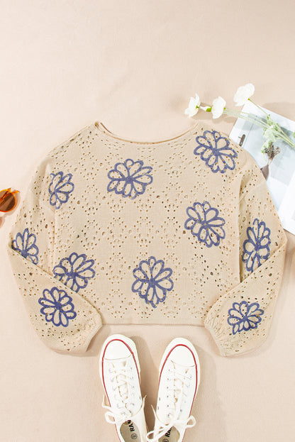 Floral Eyelet Drop Shoulder Sweater