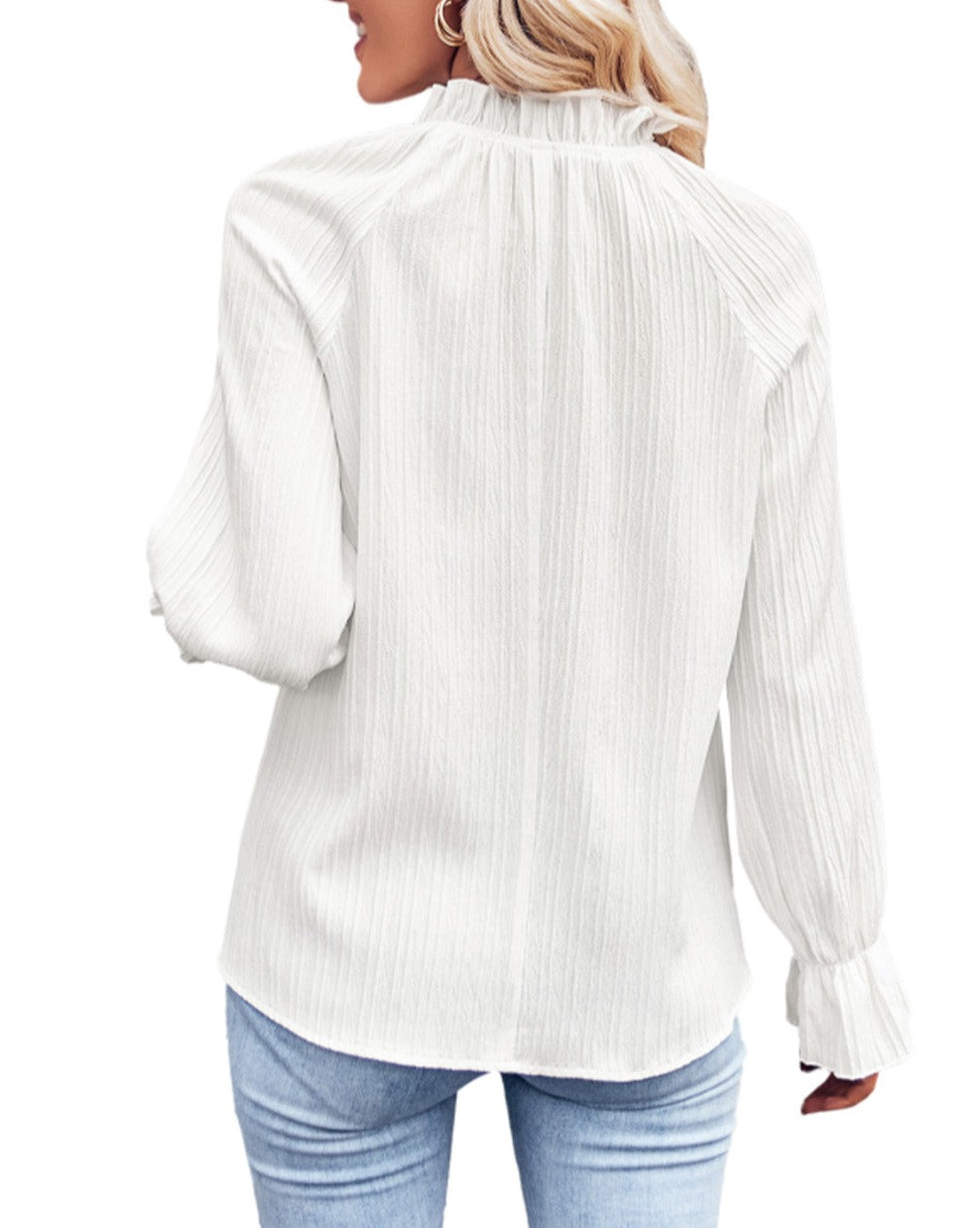 Frilled Mock Neck Bubble Sleeve Blouse