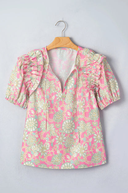 Floral Tie Neck Puff Sleeve Blouse