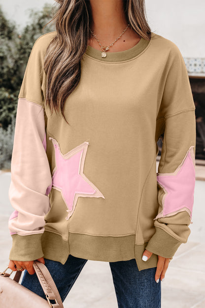 Star Patchwork Reverse Seam Drop Shoulder Sweatshirt