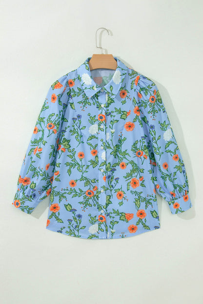 Floral 3/4 Sleeve Button Down Collared Blouse