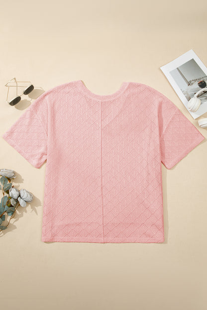 Plus Size Solid Pointelle Knit Rhombus V-Neck Top