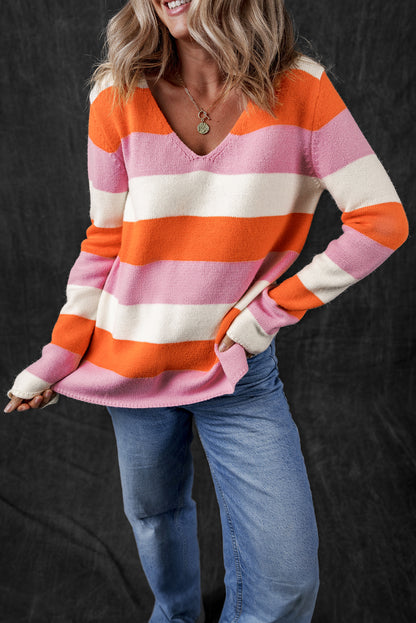 Stripe Colorblock V-Neck Sweater