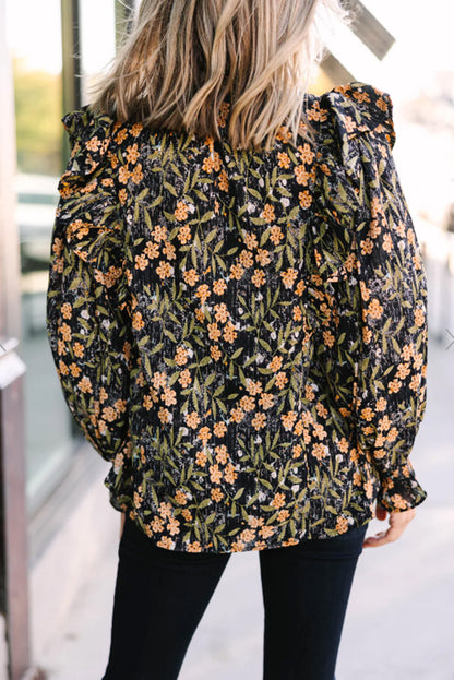 Floral Ruffle Bubble Sleeve Blouse