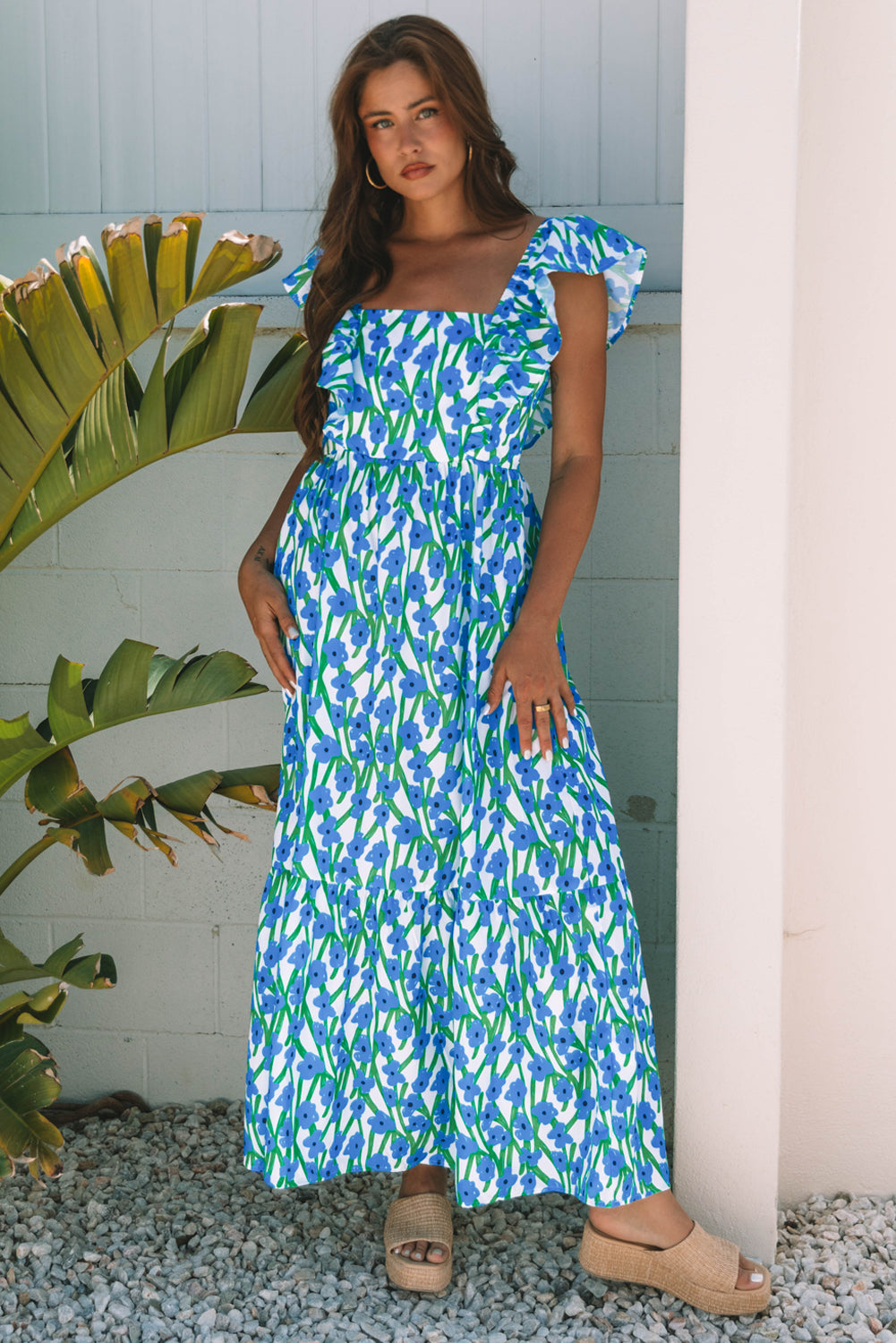 Floral Square Neck Ruffle Strap Maxi Dress