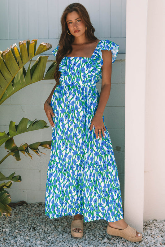 Floral Square Neck Ruffle Strap Maxi Dress