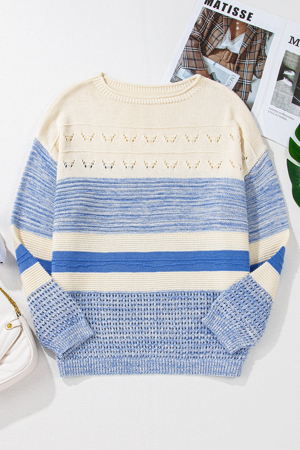 Stripe 3/4 Puff Sleeve Sweater