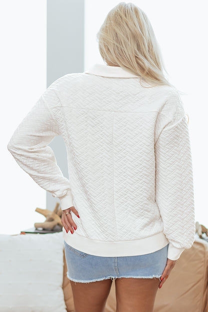 Textured Knit Collared V-Neck Pullover Sweatshirt