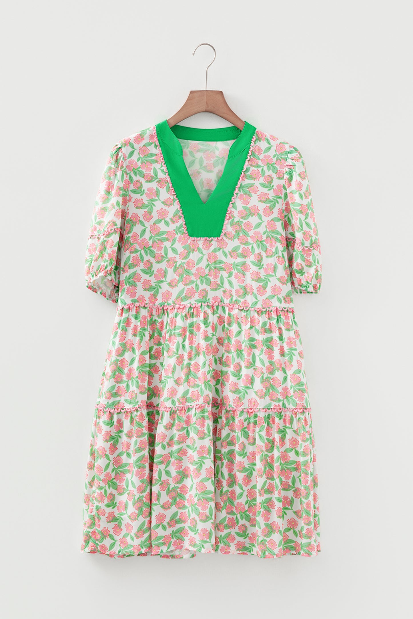 Floral Ricrac Trim Contrast V-Neck Puff Sleeve Dress