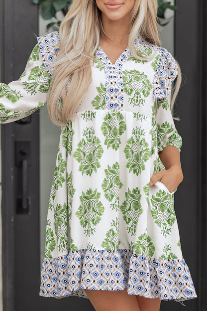 Floral Patchwork Ruffle 3/4 Sleeve Mini Dress