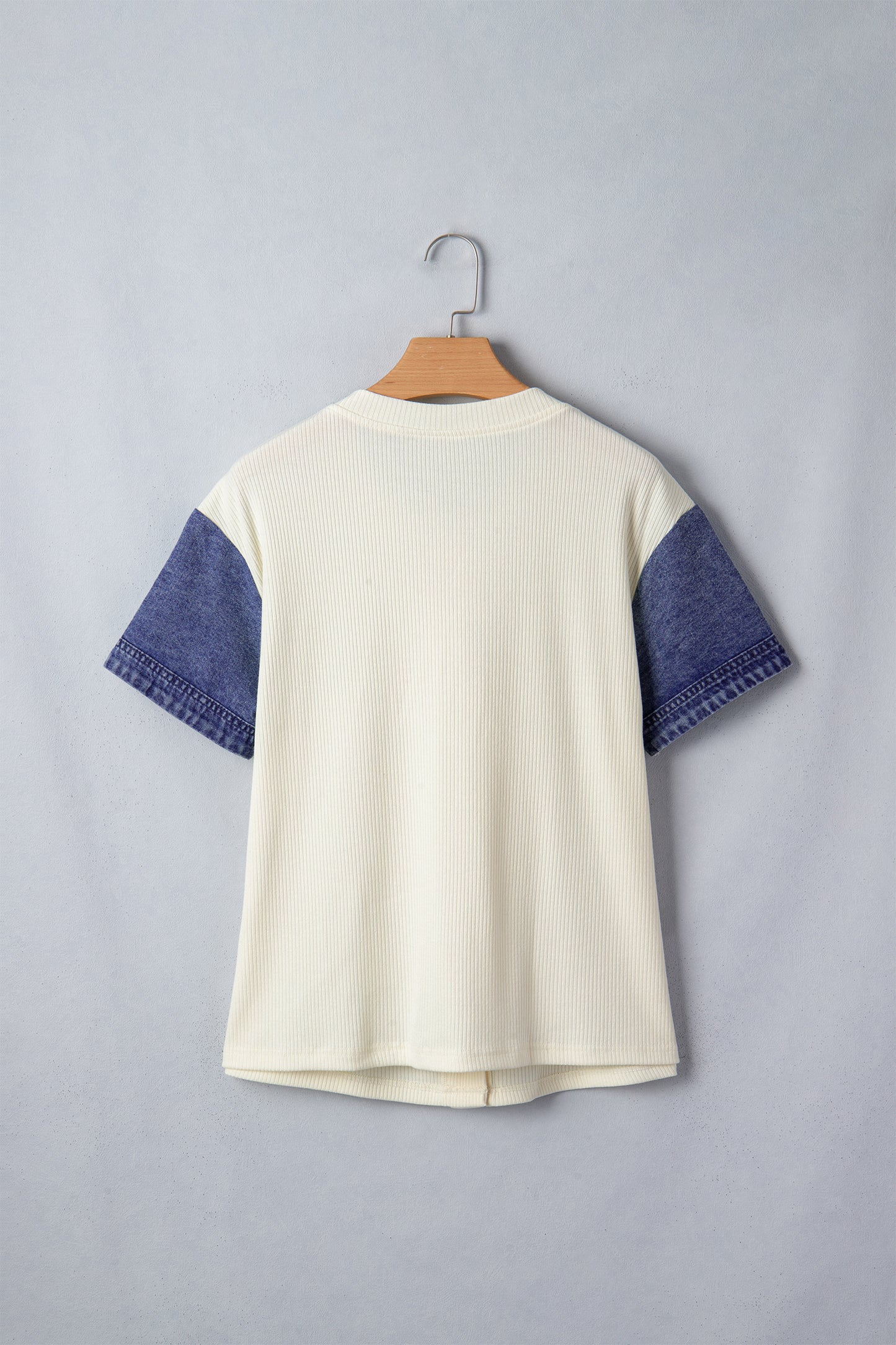Denim Ribbed Patchwork Short Sleeve Buttoned Shirt