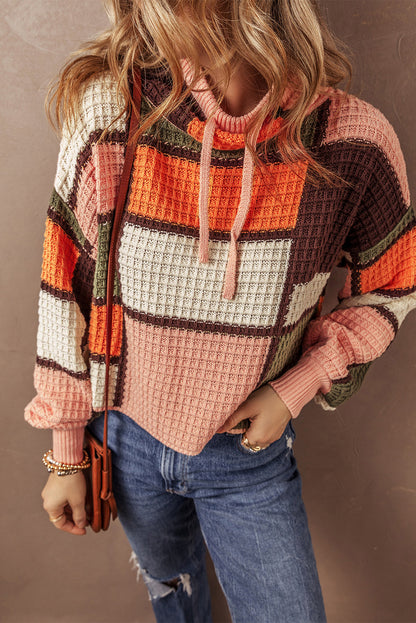 Colorblock Waffle Mock Neck Sweater