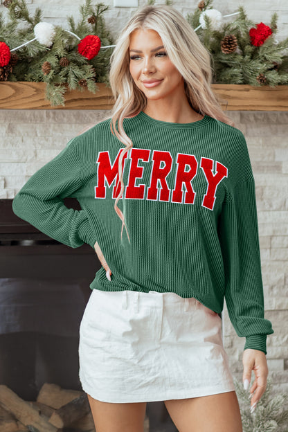 Christmas Merry Corded Knit Long Sleeve Top