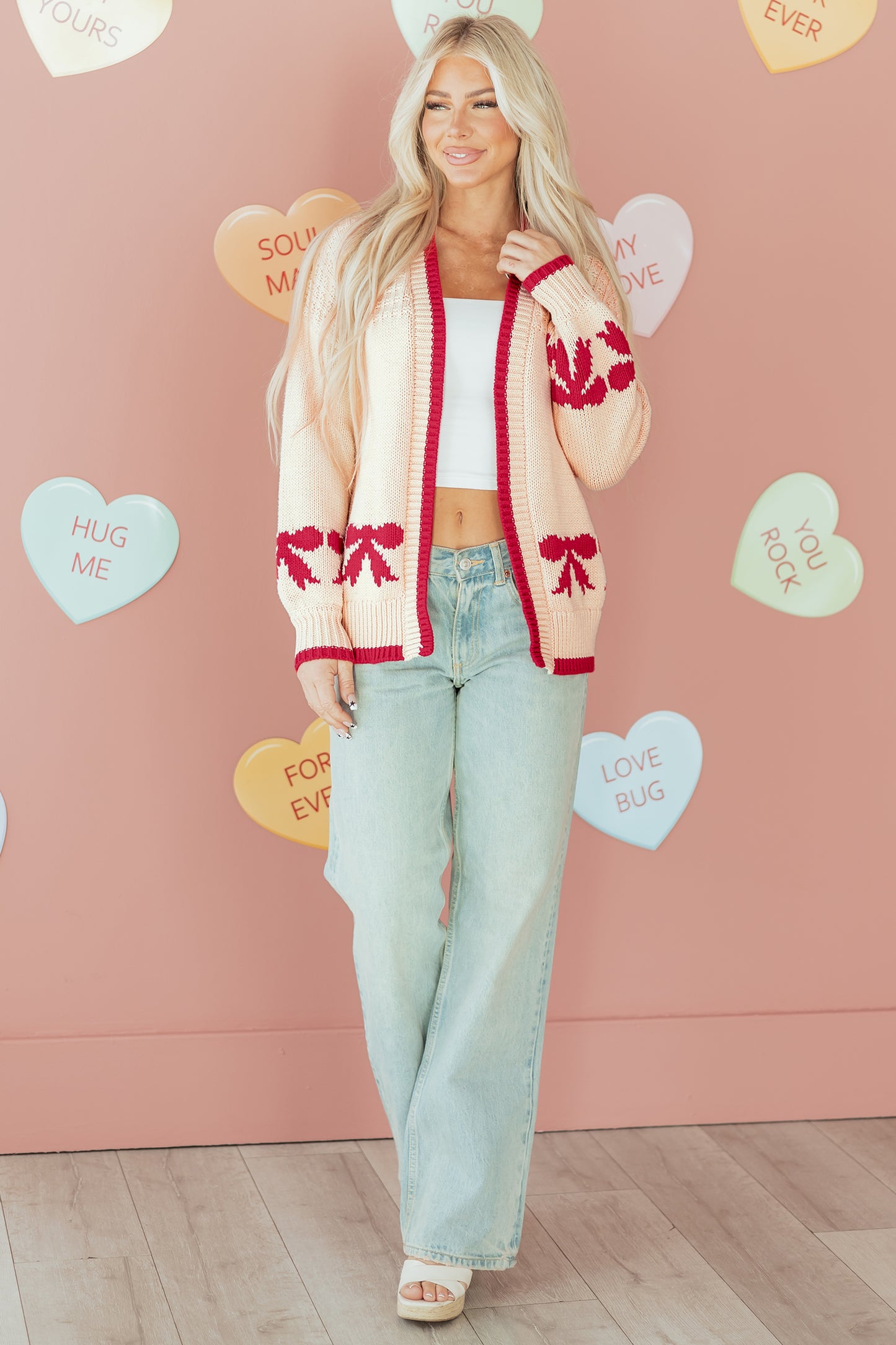 Valentine Bow Tie Textured Open-Front Cardigan