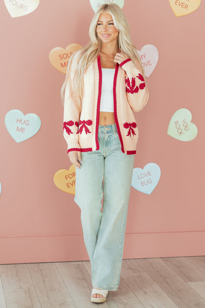Valentine Bow Tie Textured Open-Front Cardigan