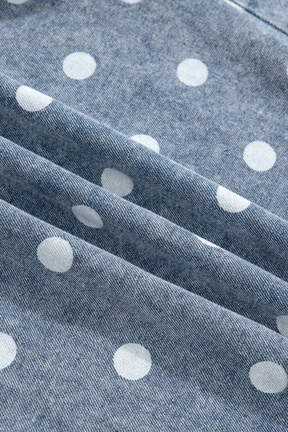 Polka Dot Denim Tie V-Neck Pleated Romper