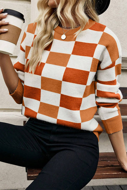 Checker Ribbed Trim Sweater