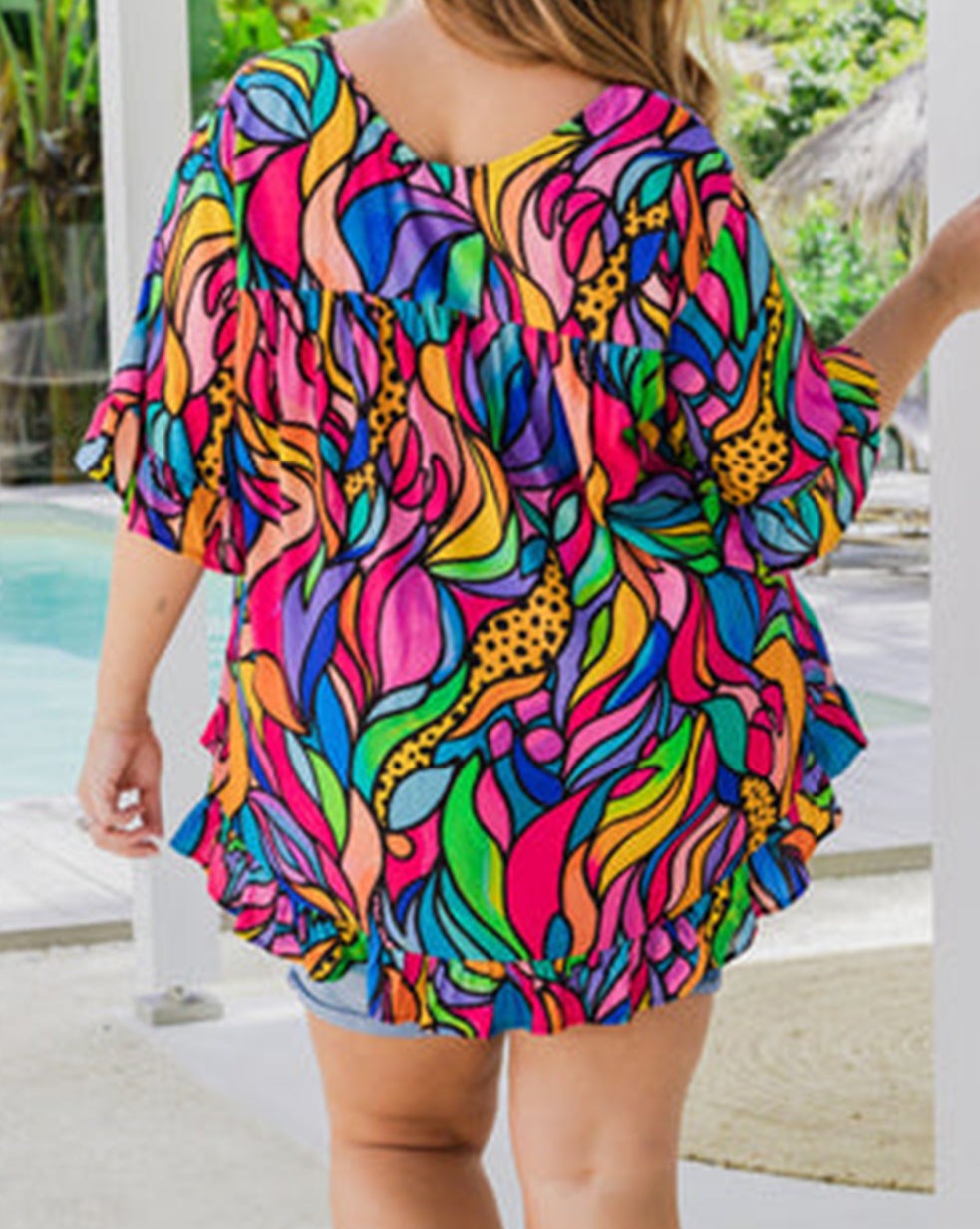 Abstract Ruffle 3/4 Sleeve Blouse Plus Size