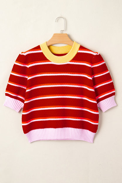 Stripe Colorblock Trim 3/4 Sleeve Sweater Top