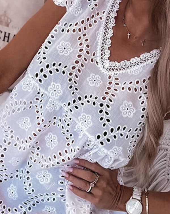 Ruffle Embroidered Eyelet V-Neck Top