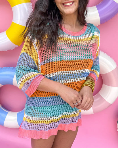 Stripe Colorblock Crochet 3/4 Sleeve Sweater